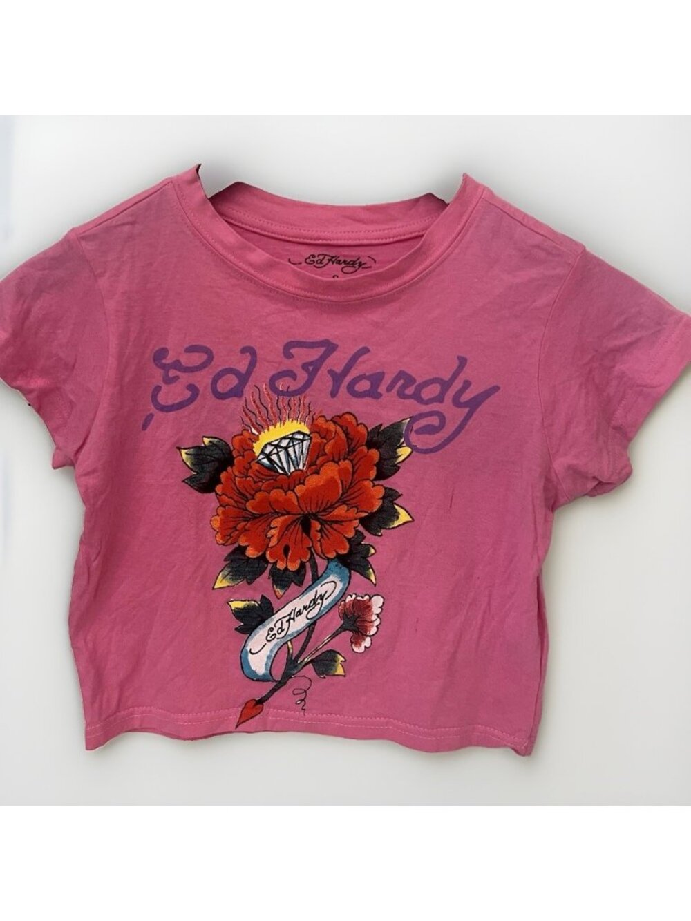 Ed Hardy Pink Graphic Baby Tee Crop Rose Diamond Y2K Women's Size Small. I